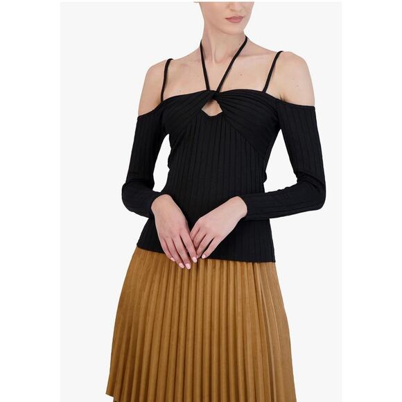 BCBGMAXAZRIA Cold Shoulder Knit Top Black Womens Size Medium New Blouse - Picture 1 of 11
